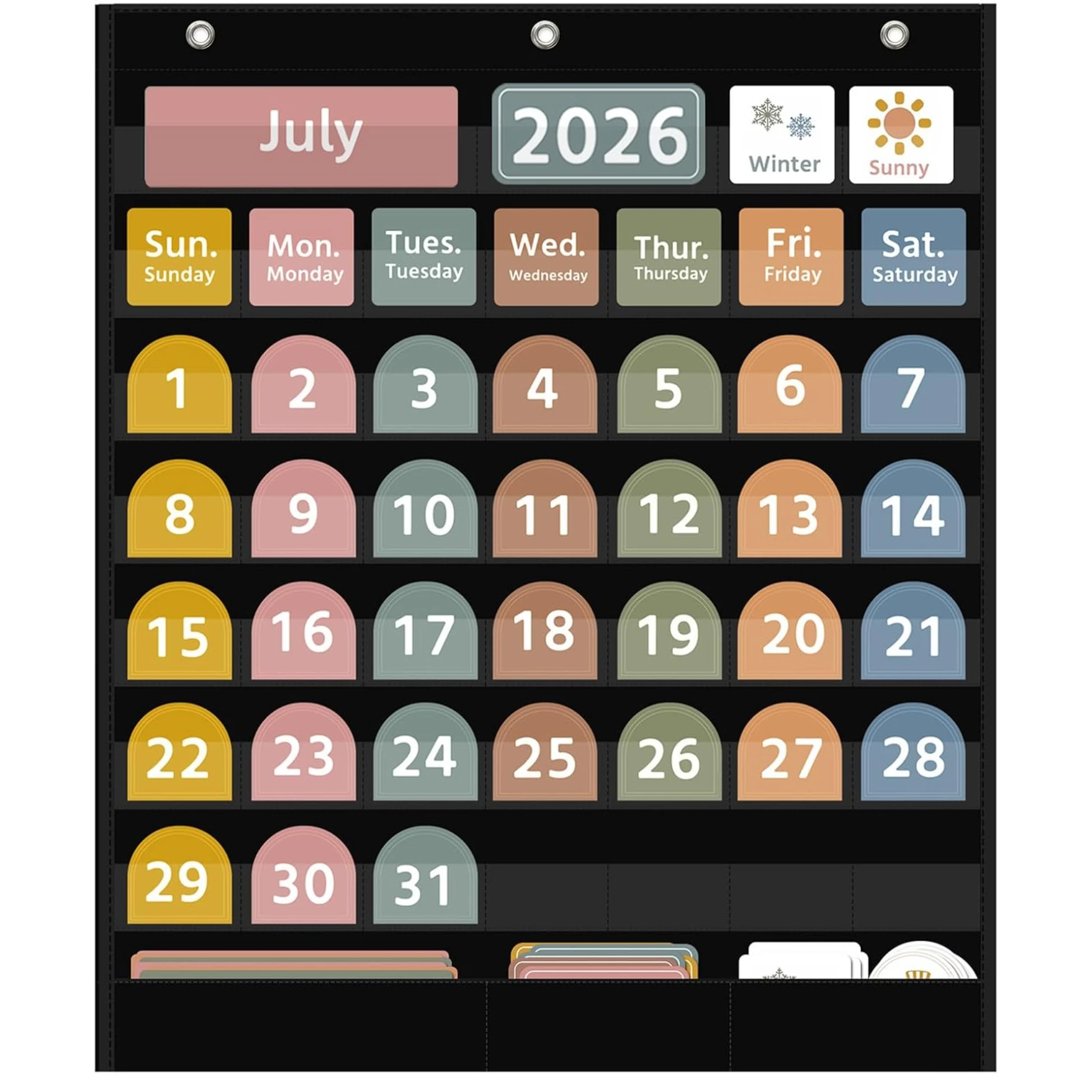 Large Boho Calendar Pocket Chart with 96 Cards for Classroom, Size:32.25 X 24.125 inch Black Monthly Calendar and Weather Pocket Chart for Student Learning for Home or School