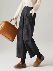 Retro Pressed Line Pattern Cotton Wide Leg Pants Women's Winter Elastic High Waist Slimming Loose Casual Warm Outerwear Cotto...