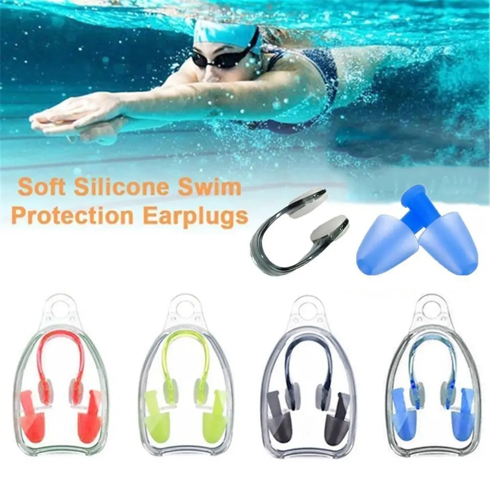 Portable Water Sports Soundproof Earplugs with Box Pool Accessories Swimming Earplugs Reusable Silicone Swimming Nose Clip