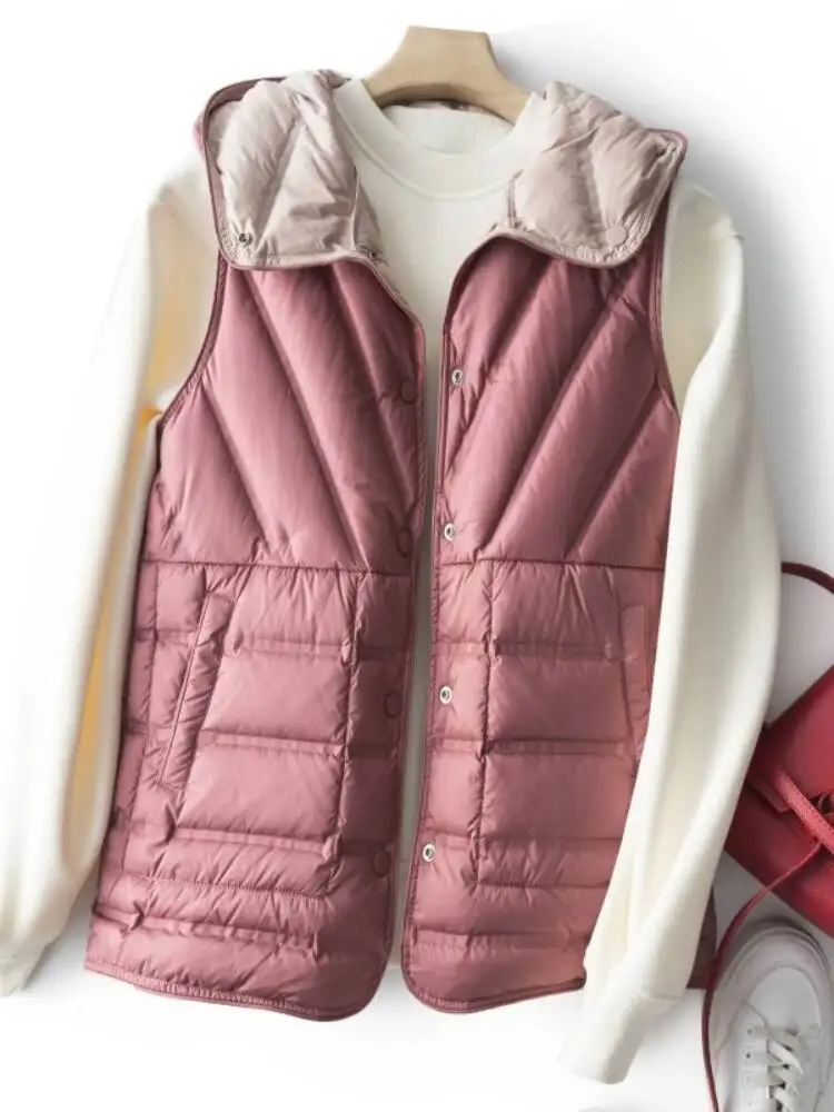 

White Duck Down Coat Waistcoat Female Short Parkas Mujer Winter Sleeveless Down Jacket Women Casual Hooded Single Breasted