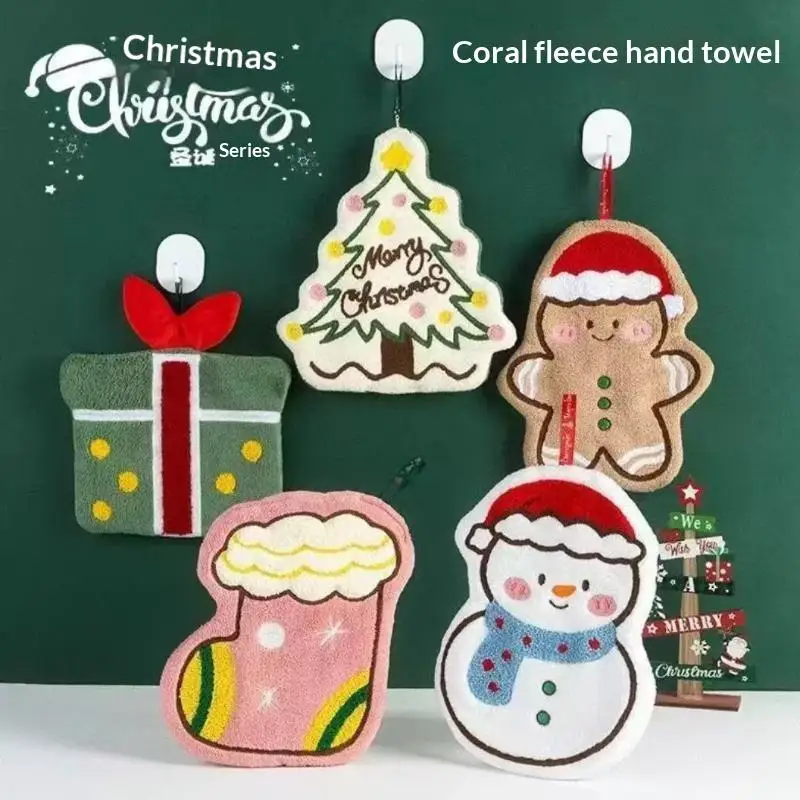 Christmas Style Coral Fleece Hand Towels Super Absorbent Thick Soft for Kitchen Bathroom Household Daily Use Xmas Present