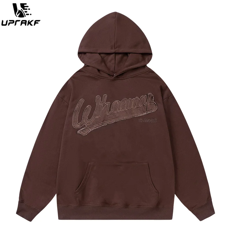 UPRAKF Vintage Solid Letter Sticker Embroidered Hoodie Oversize Long Sleeve Autumn Fashion Pullover Casual Tops Streetwear