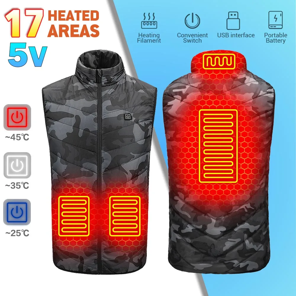 

Warm Clothes Winter Heated Vest Plussize 17PCS Heated Jacket Fashion Men Women Coat Intelligent USB Electric Heating Thermal