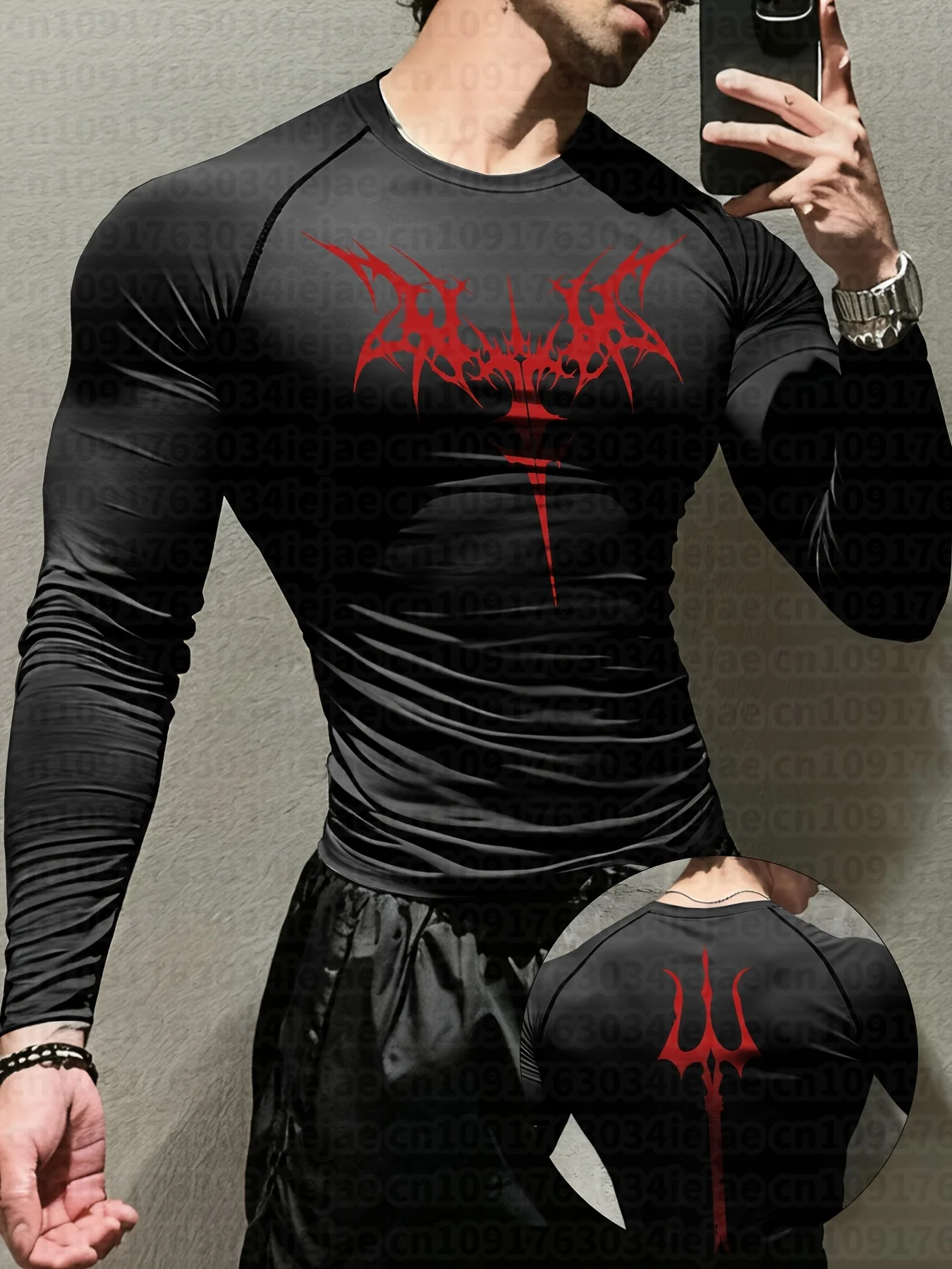 Herren-Langarmshirt mit dunklem abstraktem totemischem Gothic-Stil, Dreizack-Symbol und symmetrischem Dornenmuster. – Detail 11