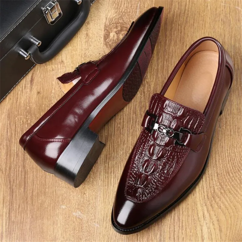 Men\'s Classic Retro Casual Business Shoes Crocodile Grain Leather Buckle Mens Fashion Wedding Party Loafers Men Slip-on Flats