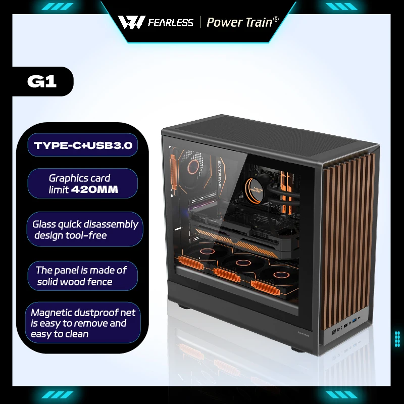 Power Train Zhenjie G1 MATX gabinetes gamer PC case wooden strip panel Side Transparent 360 water cooler TYPE-C computer case