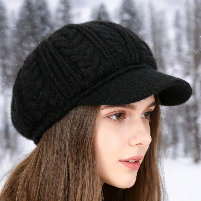 

Женский зимний однотонный модный берет, повседневная лыжная кепка в корейском стиле, толстая вязаная утепленная шапка с флисовой подкладкой
