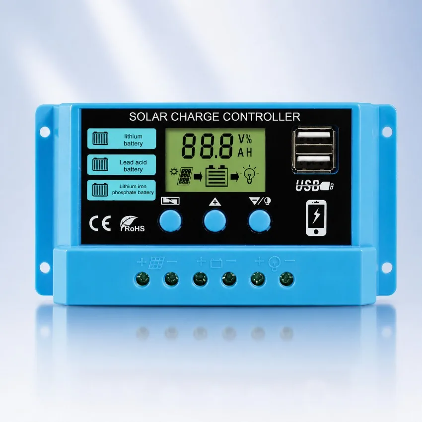 Solarladeregler 10/20/30A 12V/24V Solarregler Batterieladegerät LCD-Display Dual USB 5V Ausgang Timer-Einstellung