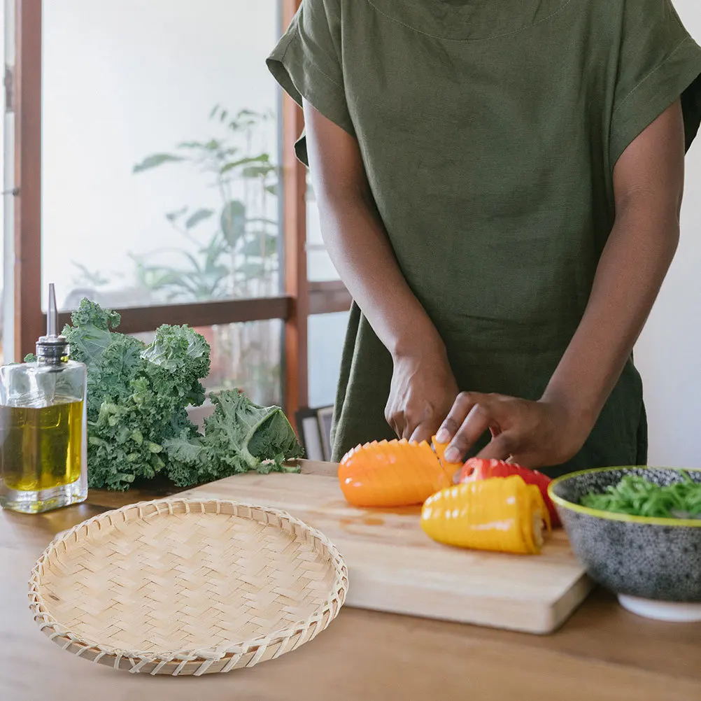 

3Pcs Bamboo Woven Basket Tray Flat Round Food Storage Fruit Bread Organizer Multipurpose Home Delicate Fruit Basket