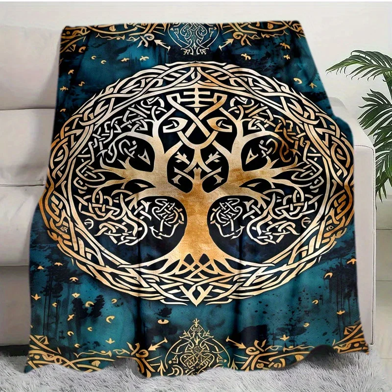 Viking Tree of Life Flannel Blanket, Soft Digital Printed Fleece, Vintage Geometric Pattern, Machine Washable, with for Sofa