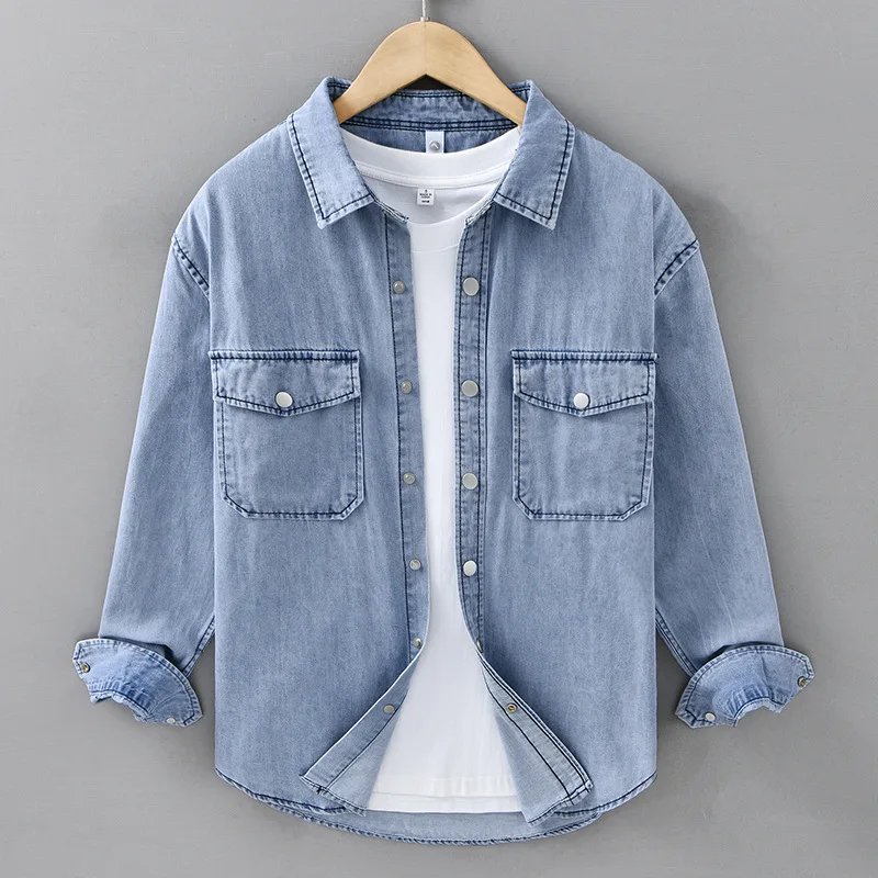 

New Mens Long Sleeve Denim Shirt Japanese Retro Cargo Shirt Men Lapel Double Pockets Snap Button Pure Cotton Jean Shirts Fashion