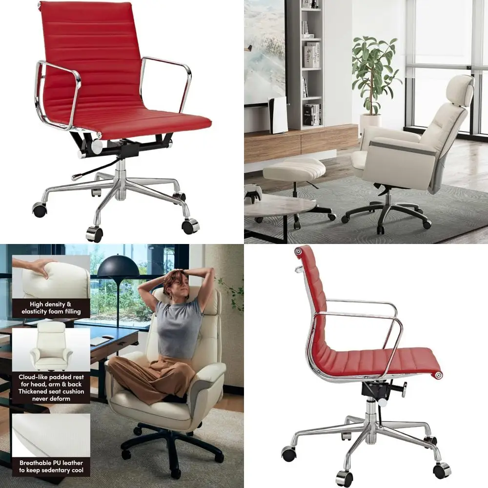 luxury red italian leather ribbed mid-back office chair