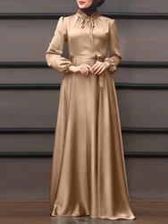 ZANZEA Women Spring Long Sleeve Solid Muslim Sundress Lace Up Vestido Dubai Abaya Hijab Dress Robe Elegant Maxi Long Satin Dress