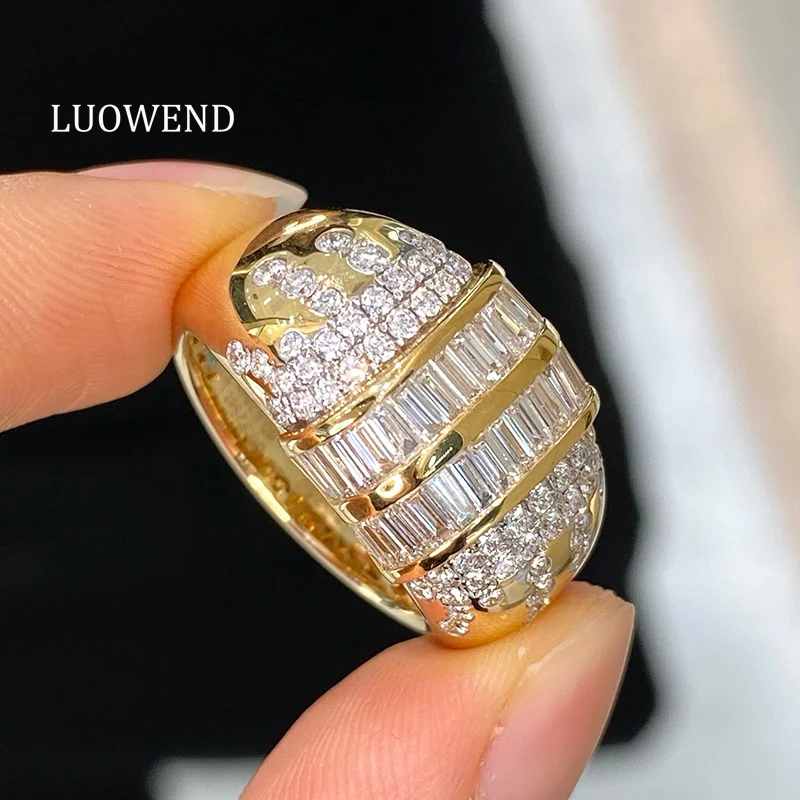 LUOWEND 100% 18K Yellow Gold Rings Fashion Vintage Style Real Natural Diamond Cocktail Ring for Women High Party Jewelry