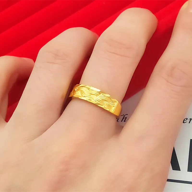 

High Quality 999 Gold Color 24K Gold Plated Female Rings Men Wedding Engagement Water Ripple Couple Pair Rings Fine Jewelry Gift