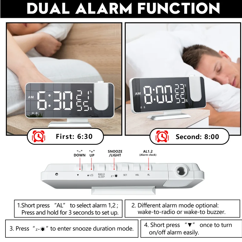 FM Radio Digital Projection Alarm Clocks Led Table Clocks Wake Up Clock Temp Humidity with 180° Projection Snooze Digital Clock