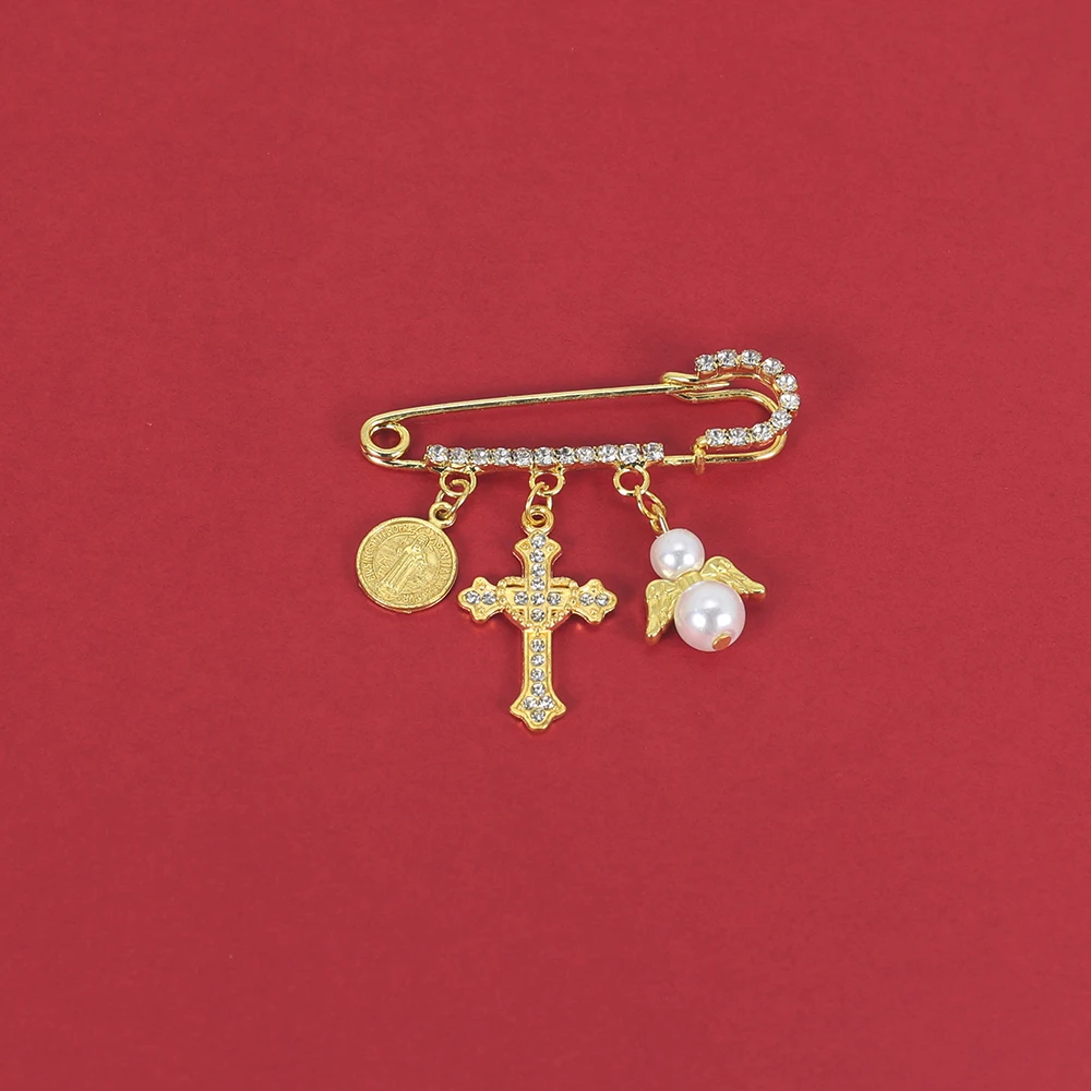 Fashionable Angel Cross Religious Pendant Pin Brooch Unisex Lucky Crystal Virgin Mary Gift Christian Jewelry Dropshipping
