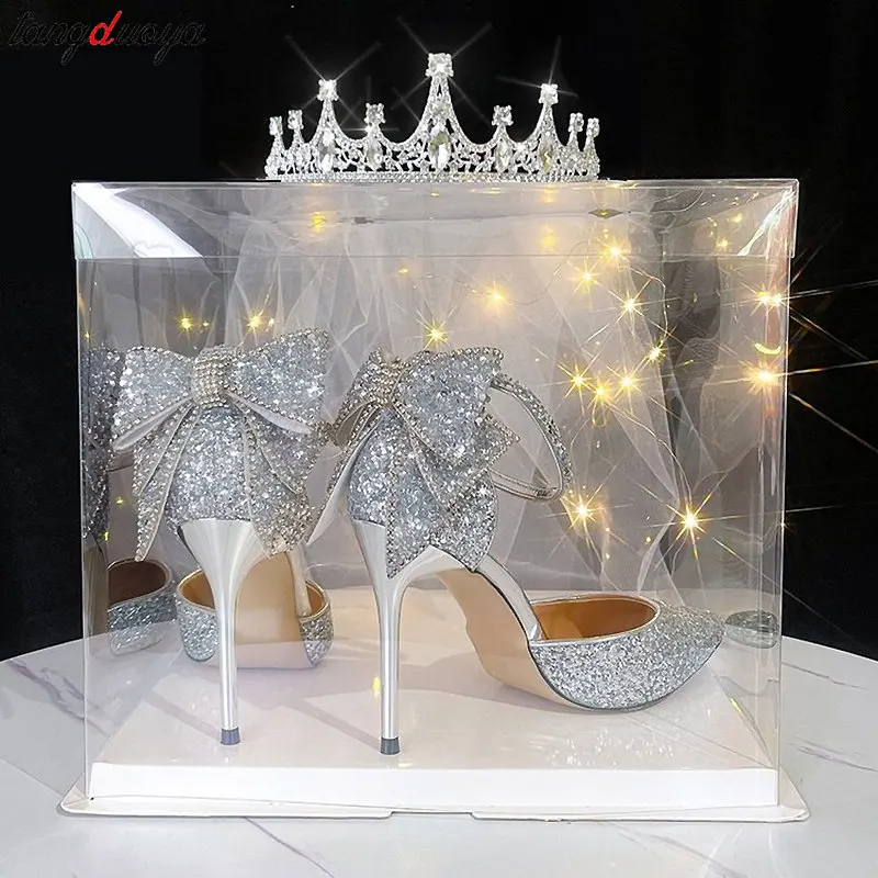 Sweet Bowknot Pumps Women New Silver Bling Sequins Wedding Party Shoes Woman Luxury Bling Upper Dress Heels Party Shoes