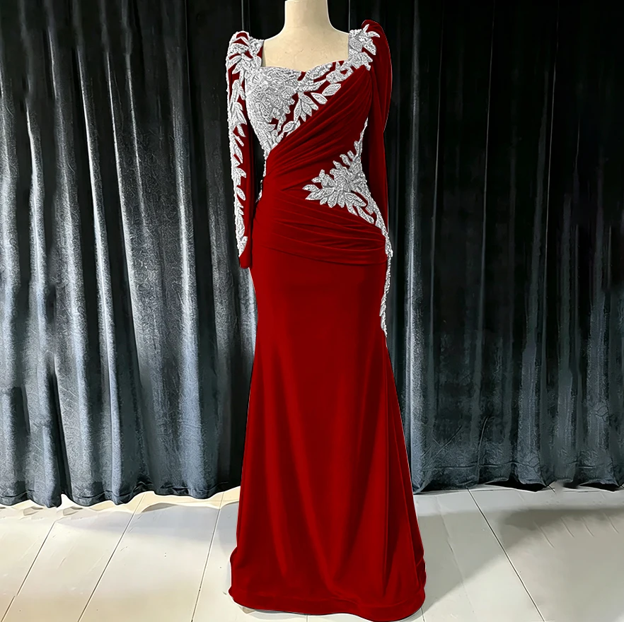 Green Velvet Long-sleeved Evening Dress Shining Beaded Woman Wedding Enagement Gowns Customized Formal Party Dresses image 2