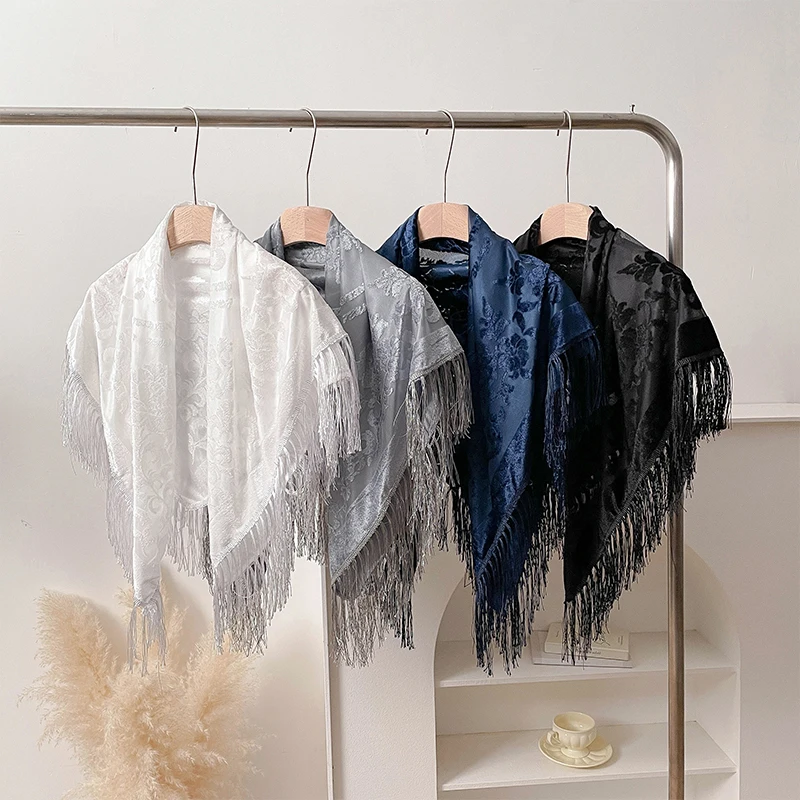 2025 New Spring and Summer Brand 110X110cm Retro National Style Velvet Jacquard Fringe Square Scarf Fashion Sunscreen Lady Shawl