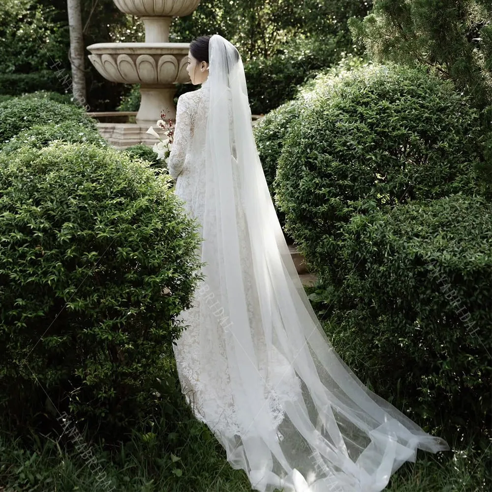 Robe de mariée en dentelle à col haut vintage, manches longues, ligne A, train de balayage, robe de patients, mariage de jardin en plein air, robe de soirée romantique