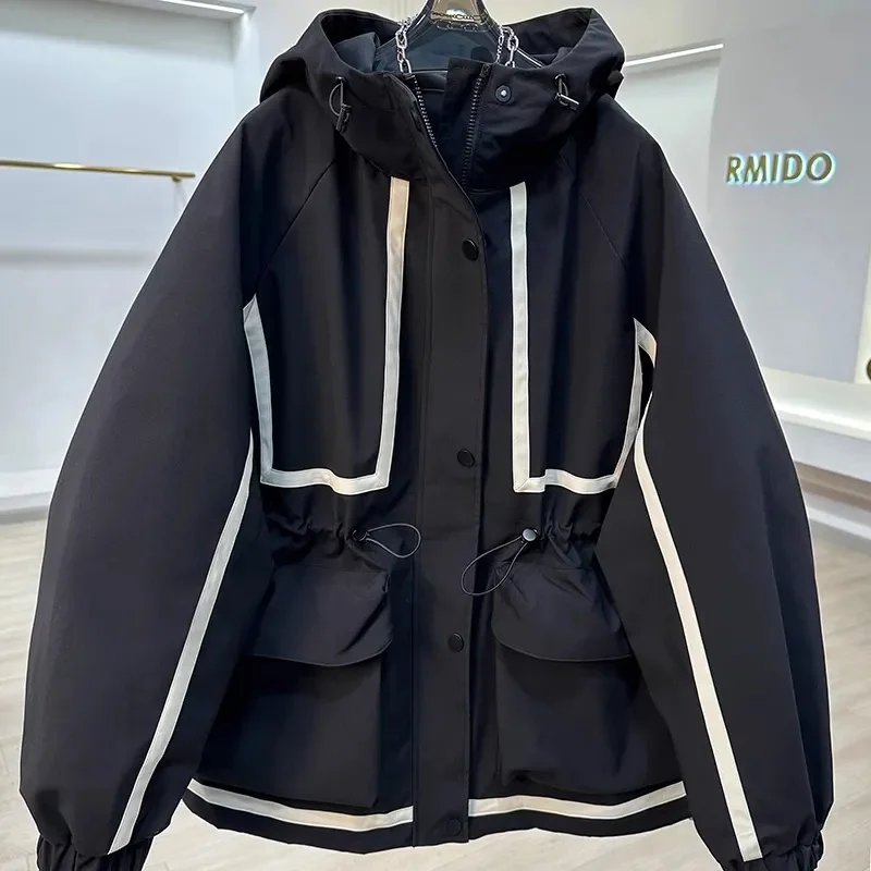 

Autumn Winter Ladies Fashion Tops Coat European Women Long Sleeves Short Jacket 2025 Femme Hooded Patchwork Windbreaker Outwear