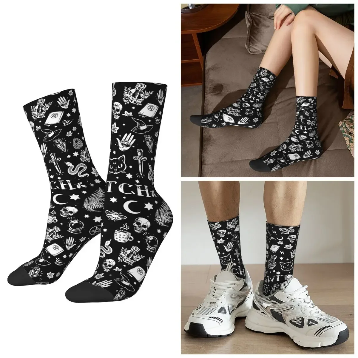 

All Seasons Skull Cat Moon Gothic Design Socks Harajuku Crew Socks Funny Stockings for Men Women Valentine's Day Gifts