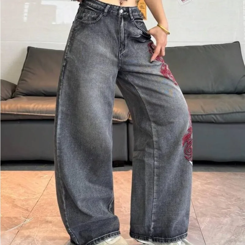 Summer Vintage Dark Grey Fade Women High Waist Wide Leg Jeans Side Red White Abstract Embroidery Euro Street Denim Casual Pants