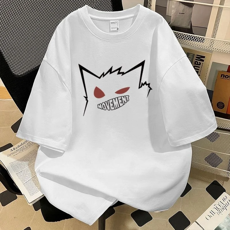 Pokemon Gengar Minimalistisches Line-Art-Anime-T-Shirt für Herren, 100 % Baumwolle, kurzärmelig, lässig, übergroße T-Shirts, Unisex, Streetwear-Tops