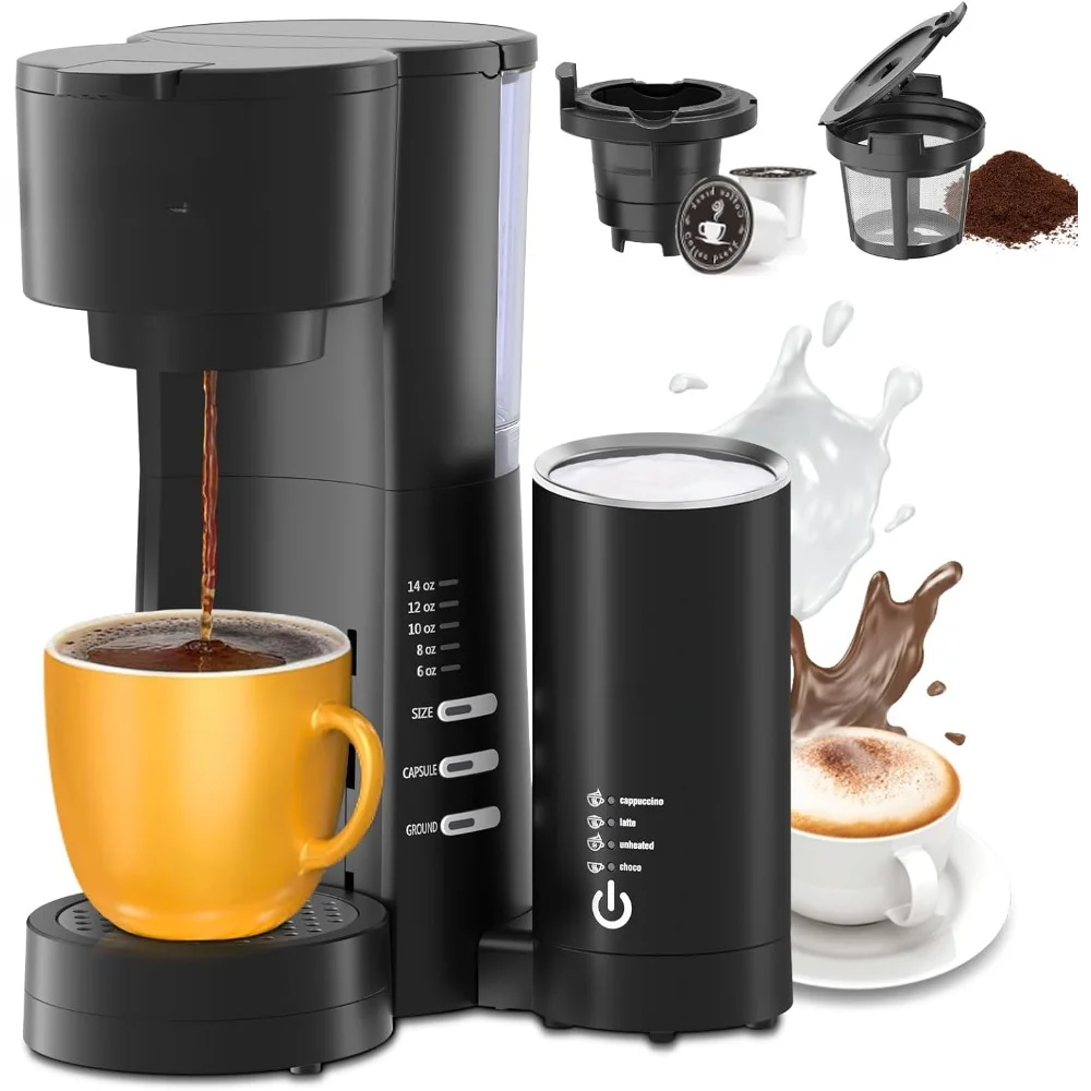 Single Serve Coffee Maker for K Cup & Ground Coffees with Milk Frother, 6 To 14 Oz Brew Sizes, Auto-Off Coffee Machine