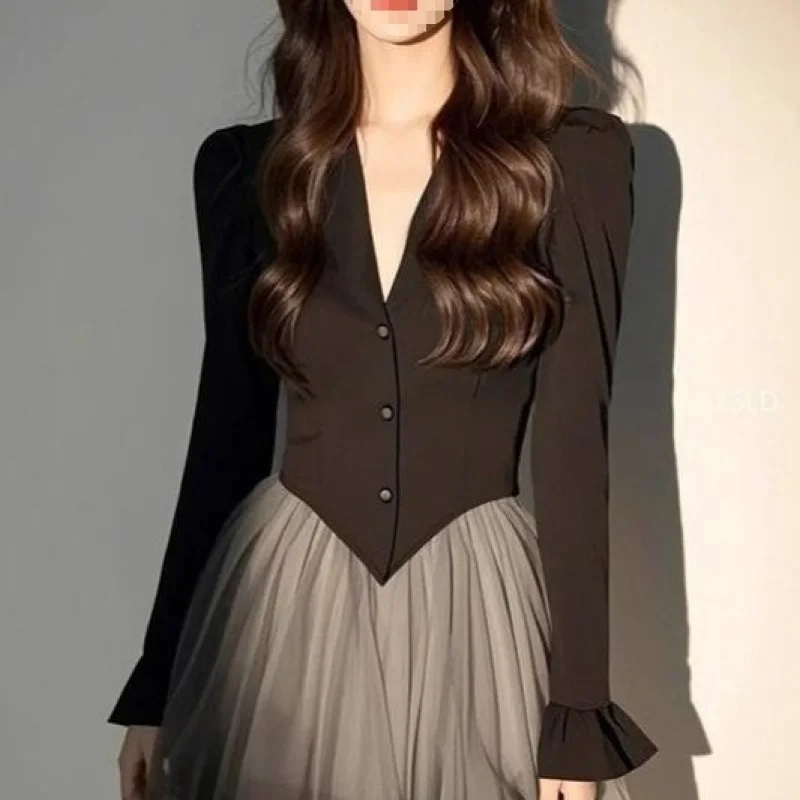 

High Quality Advanced Fashion Luxury Dress Patchwork Mesh Elegant Vintage Women Vestidos New Flare Sleeve Minority Robe