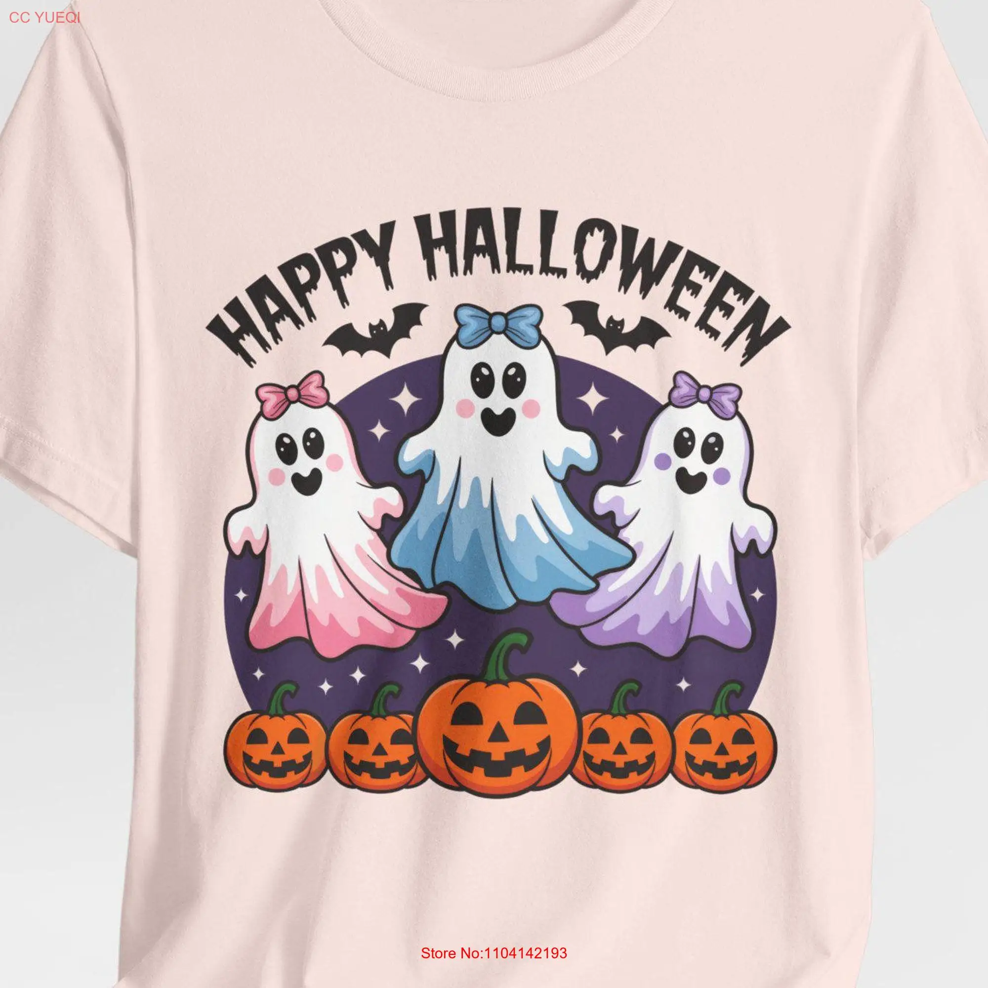 Ghost Trio Halloween T Shirt Cute Adorable Pastel Ghosts Pumpkins Bats Spooky Holiday Coquette Hair Bows Scary