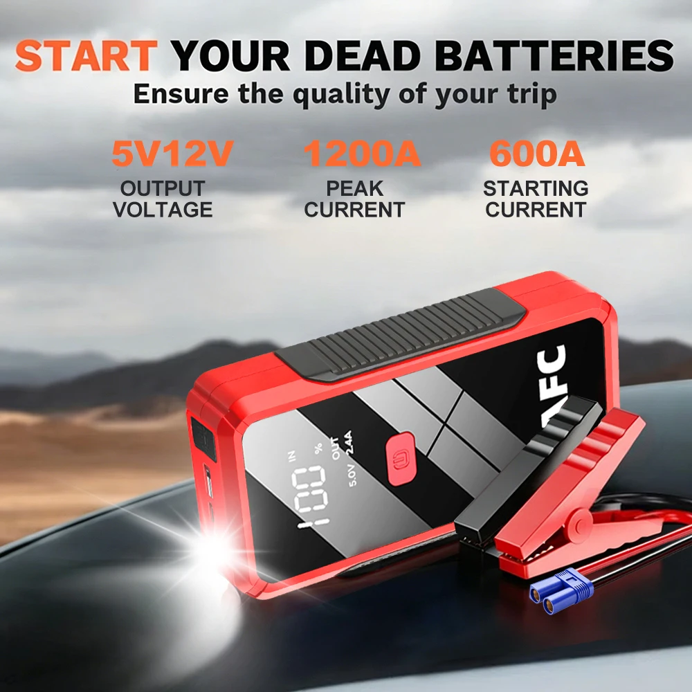 Arrancador de Coches Portátil EAFC 2000A/1200A, Banco de Energía, Cargador de Batería de Coche de 12V, Dispositivo de Arranque de Emergencia para Automóviles