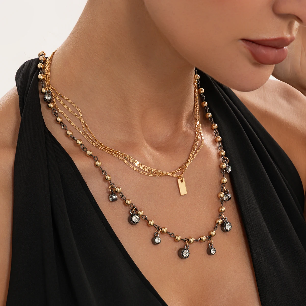 IngeSight.Z 2Pcs/Set Trendy Retro CCB Glass Rhinestone Pendant Necklace Women Creative Simple Metal Chain Neck Accessory Jewelry