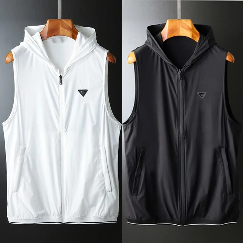 Summer Vests Breathable Thin Casual Hooded Vest Men's Sleeveless Cardigan Elastic Trend Vest Sports Training Waistcoat Tops XXXL