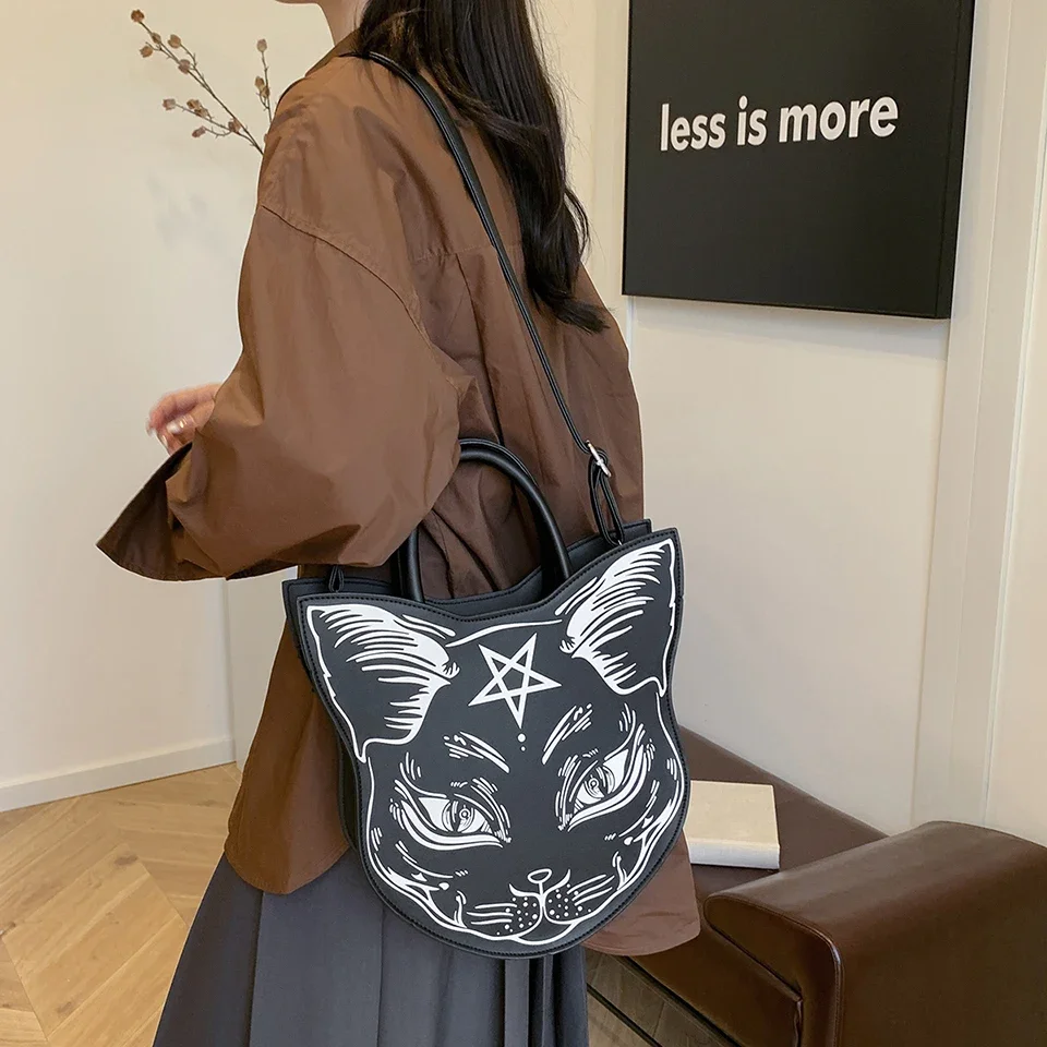 Harajuku Dark Style Cat Straddle Bag Fashion Trend Hold Bag Punk Style Cat Face Halloween Handbag For Ladies