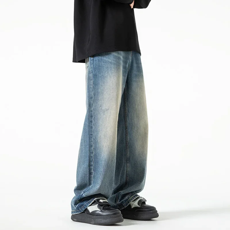 جديد غسلها الجينز الشارع السراويل الذكور الدنيم السراويل بلون واسعة الساق بانت زر عارضة الشارع الشهير الهيب هوب نمط المعادن الثقيلة #5