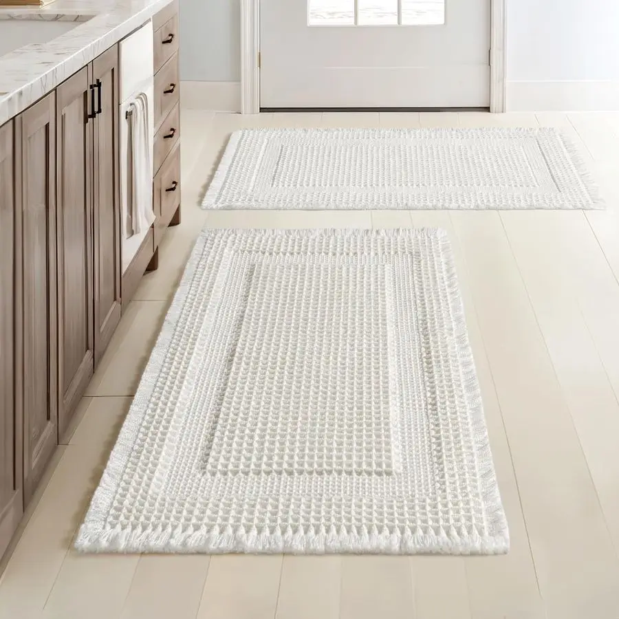 

Set of 2 Waffle Bathroom Rugs, Boho Bath Rug Super Absorbent, Non Slip Washable Ultra Soft Rubber Backed Shower Bath Mats for Fl