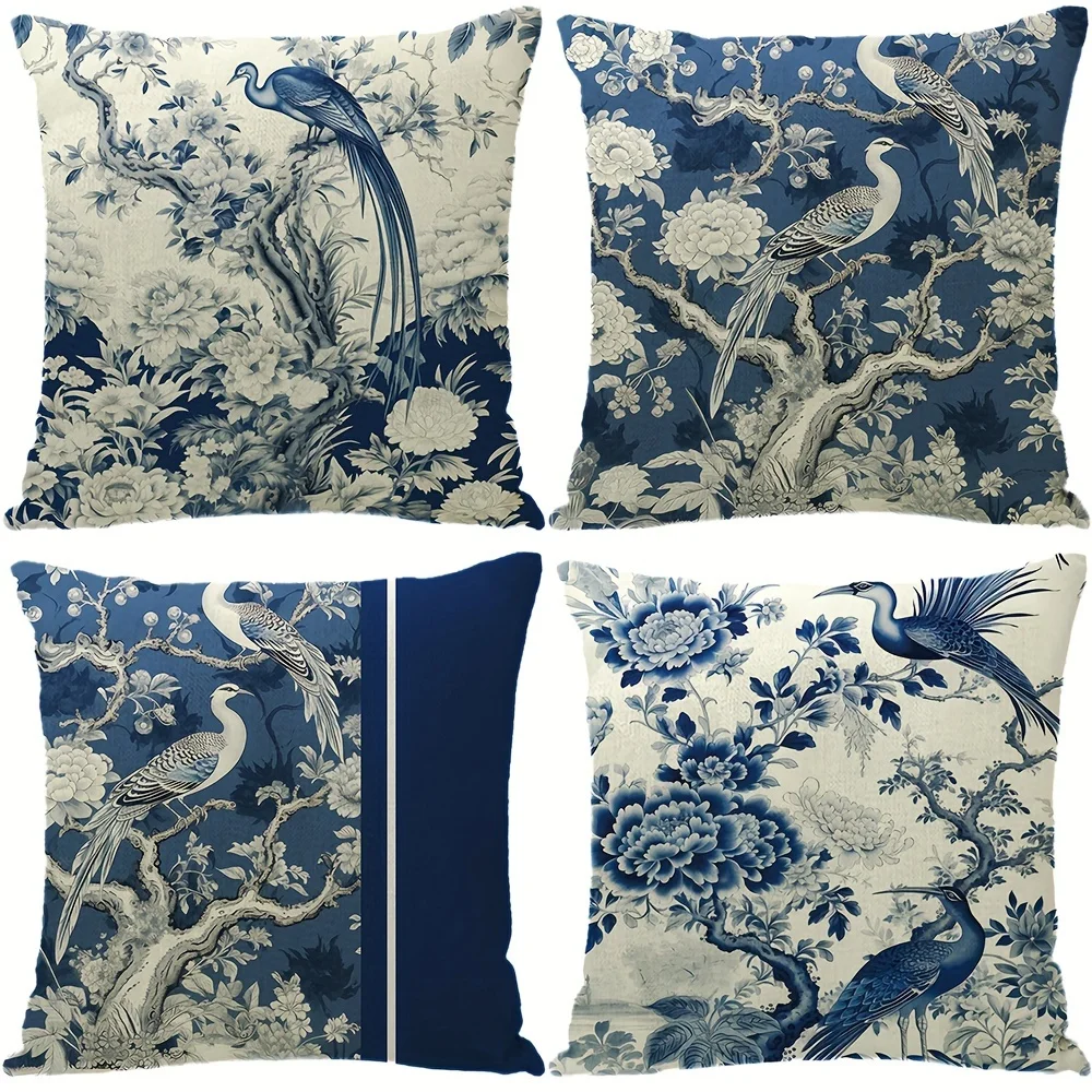 

4pcs Retro plant printed pillowcase, blue and white natural style, rural style, living room home decoration