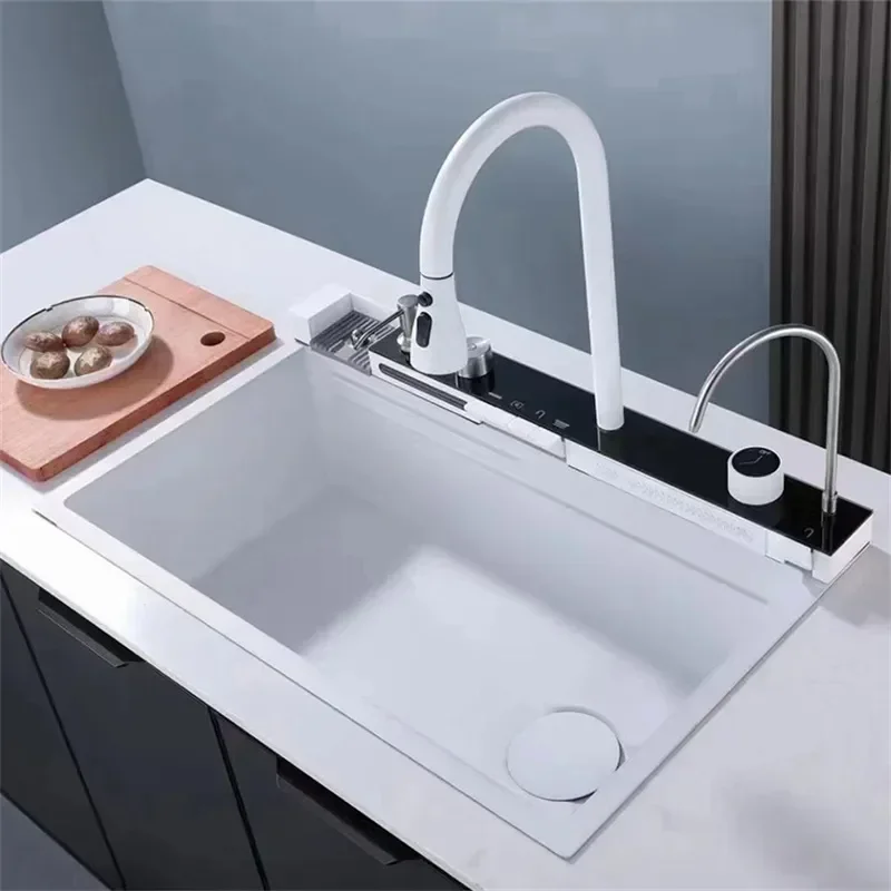 White Nano Multifunctional Kitchen Sink 304 Stainless Steel Large Single Sink Integrated Kitchen Faucet