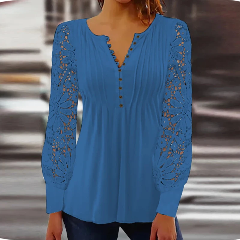 Vintage Lace Shirt Women Autumn Long Sleeve Solid Color Tops Ladies Casual T-shirts Fashion Loose Tee Sexy Pullover 2024