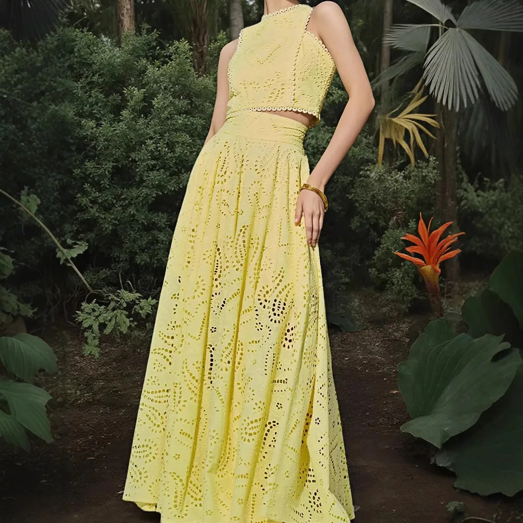 

2025 Summer New Women's Casual Fashion Sleeveless Pocket Long Dress Two Piece Set