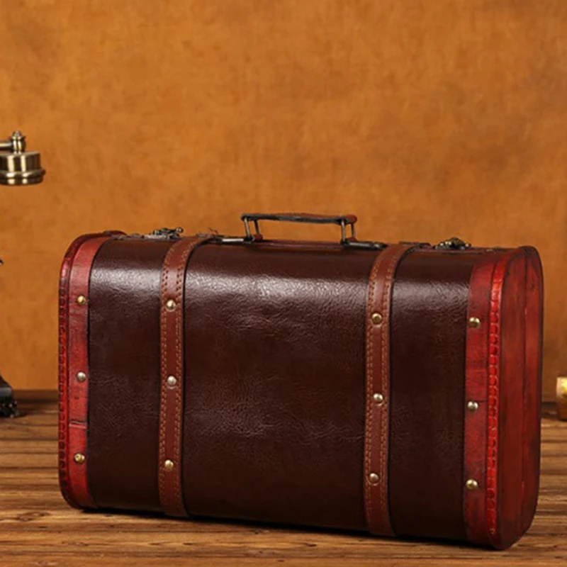 Portable Vintage Wooden Decorative Suitcase Antique Wooden Case Photography Props Craft Decoration Wood Box Ornament