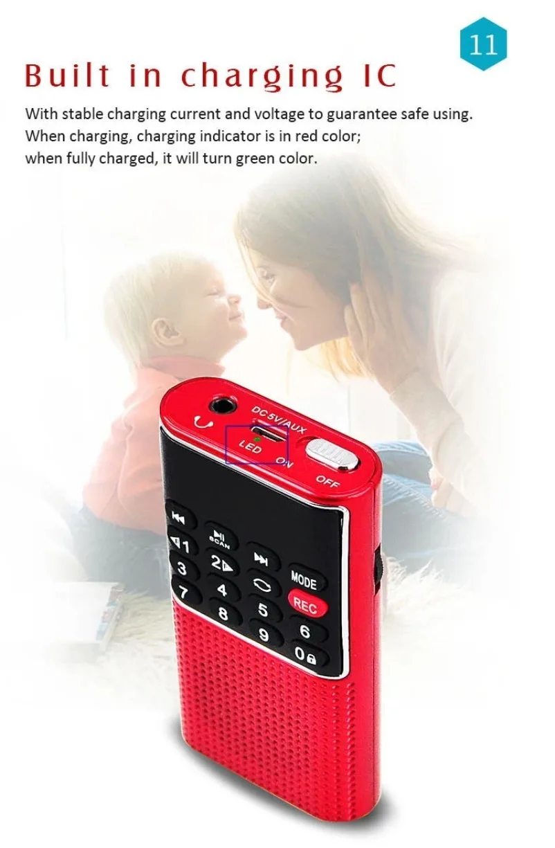 VIKEFON Tragbares Mini-FM-Radio, kabelloser Lautsprecher, MP3-Musik-Player mit Aufnahmefunktion, unterstützt Freisprechfunktion, TF-Karte, USB-Kopfhörerwiedergabe – Detail 23