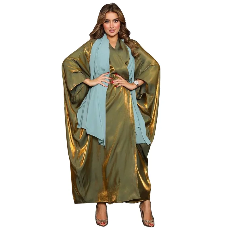 Middle Eastern Modest Muslim Fashion Bright Silk Satin Solid Color Bat Sleeve Robe European and American Large Women's Clothing