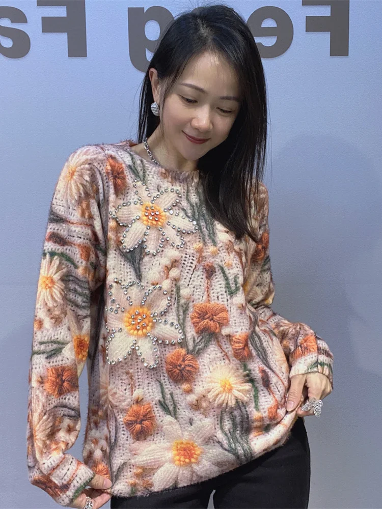 

Новый женский вязаный свитер на осень-зиму с бриллиантовой отделкой, из искусственного меха норки, с длинными рукавами, круглым вырезом, приятный к телу топ