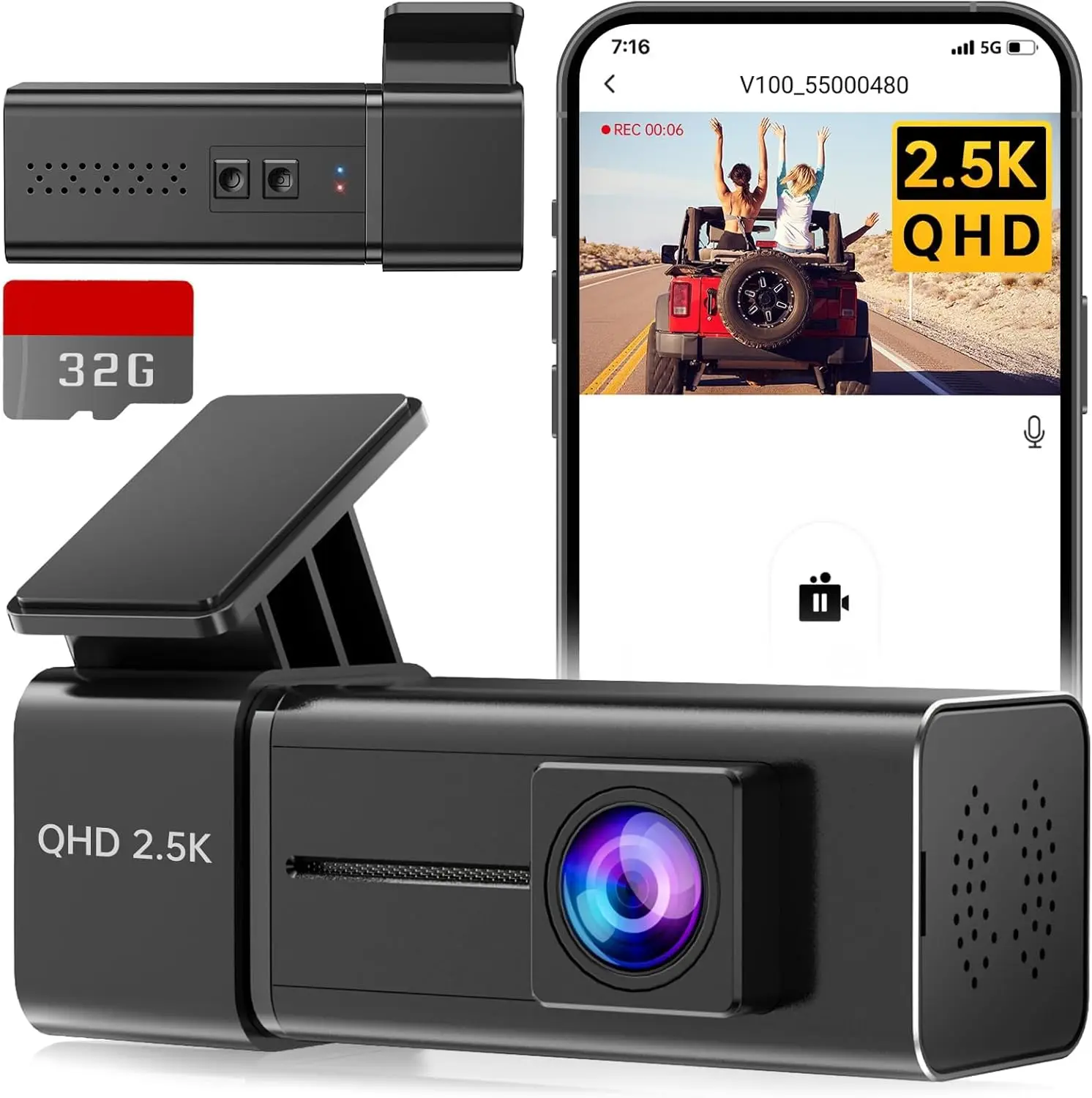 Dashcam WiFi 2,5K con visione notturna, sensore G, registrazione in loop, modalità parcheggio 24 ore, supporto app, SD da 32 GB incluso