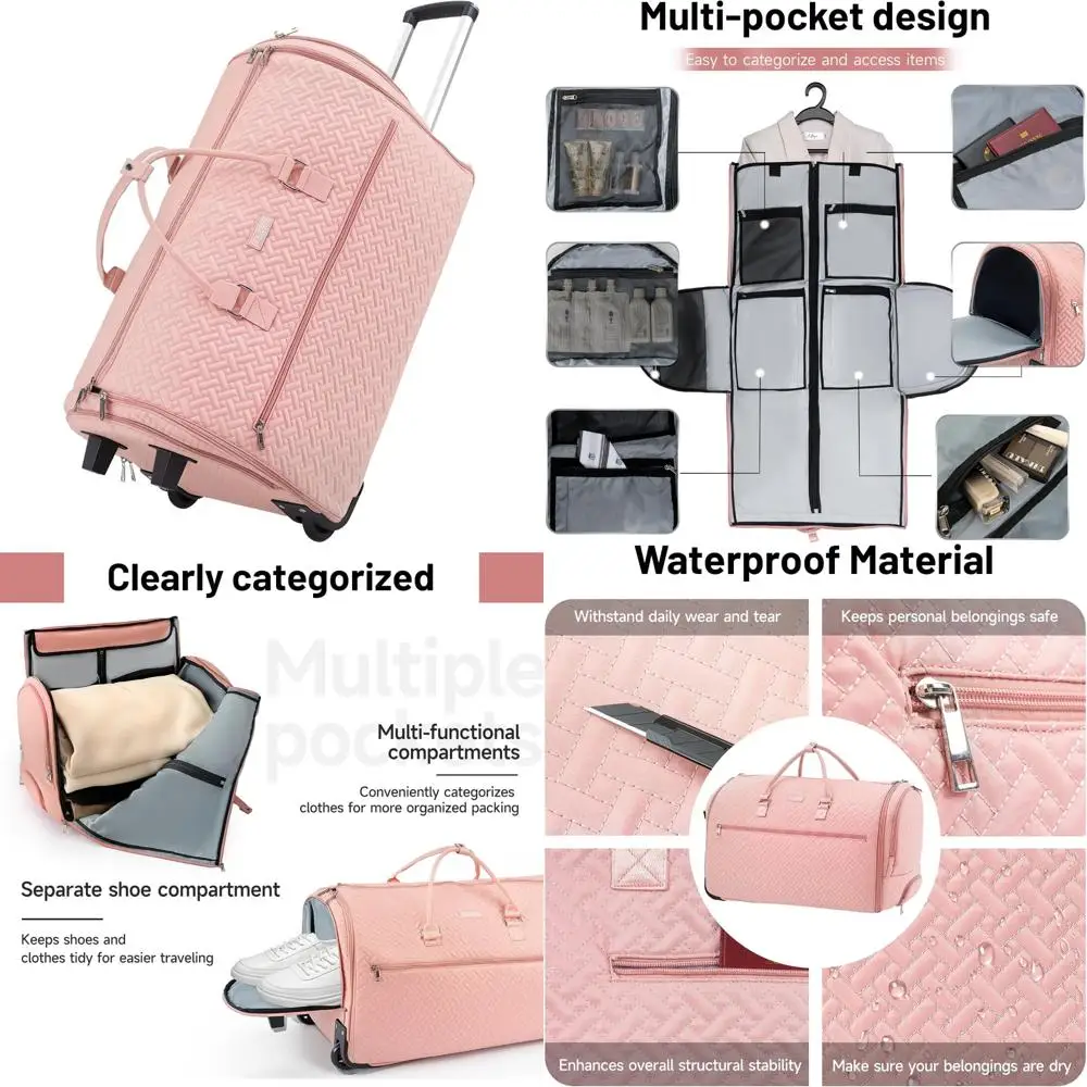 

Convertible Rolling Garment Bag with Wheels, Travel Duffle Bag for Clothes and Shoes, Folding Luggage with Shoe Compartment