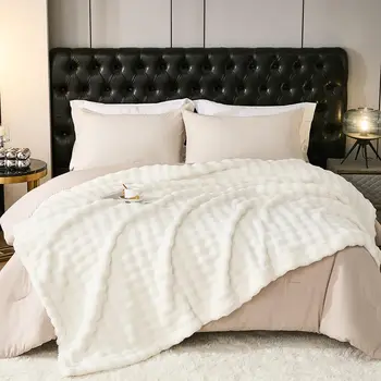 White luxury bubble fluffy blanket plush blanket for sofa cozy blanket for bed, soft warm fuzzy blanket for all season use