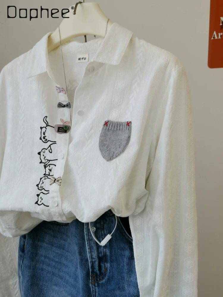 

Cartoon Embroidery Pocket Versatile Exquisite White Shirt Childlike Embroidery Pure Cotton Long-sleeved Literary White Shirt